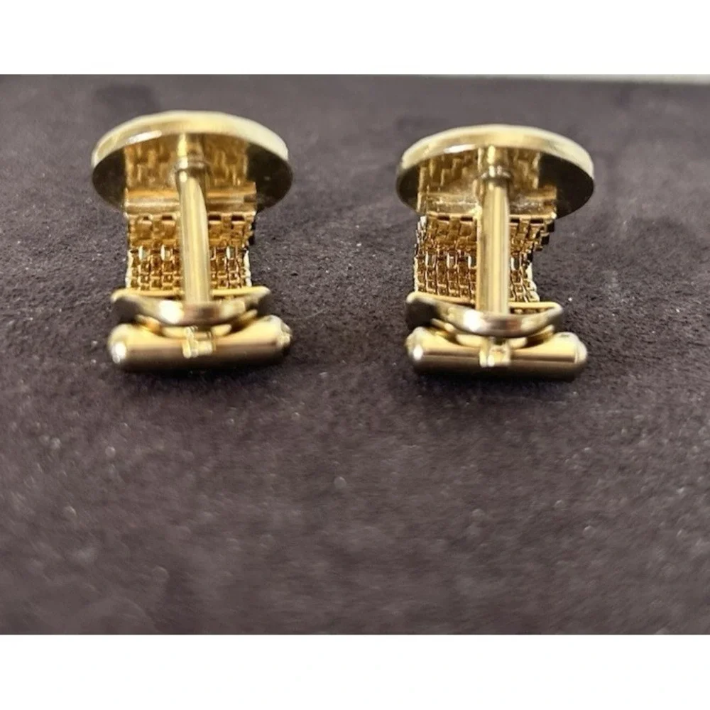 Vintage 60s Gold-Tone Cufflinks Green Stone Metal Mesh Wrap VGUC